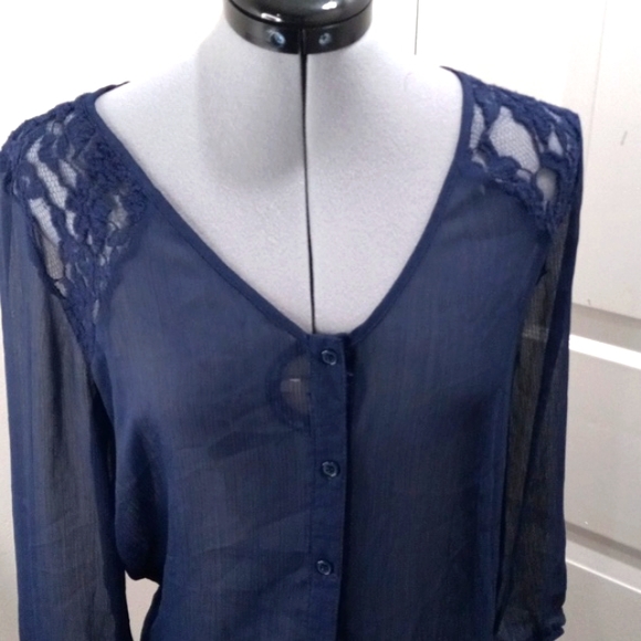 Charlotte Russe Tops - Charlotte Russe Navy Sheer W/Lace Sholders  Size Med